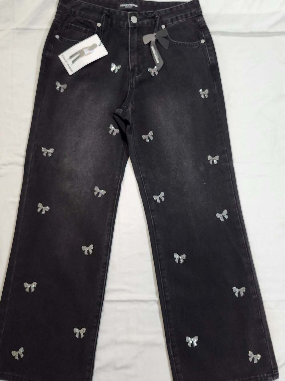 Ashley Mason Women's Black Bedazzled Bow Rhinestone Wide Leg Jeans Size 9/29